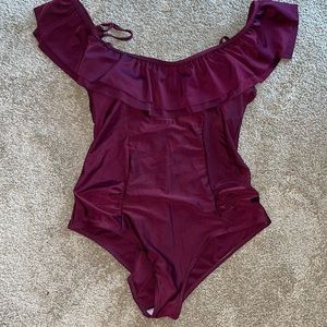 Elleschic NWT large burgundy low back ruffle layered ruffle one piece swimsuit